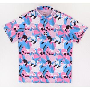Pins & Aces Polo Shirt Mens Large Pink Blue Flamingo Golf Performance Stretch